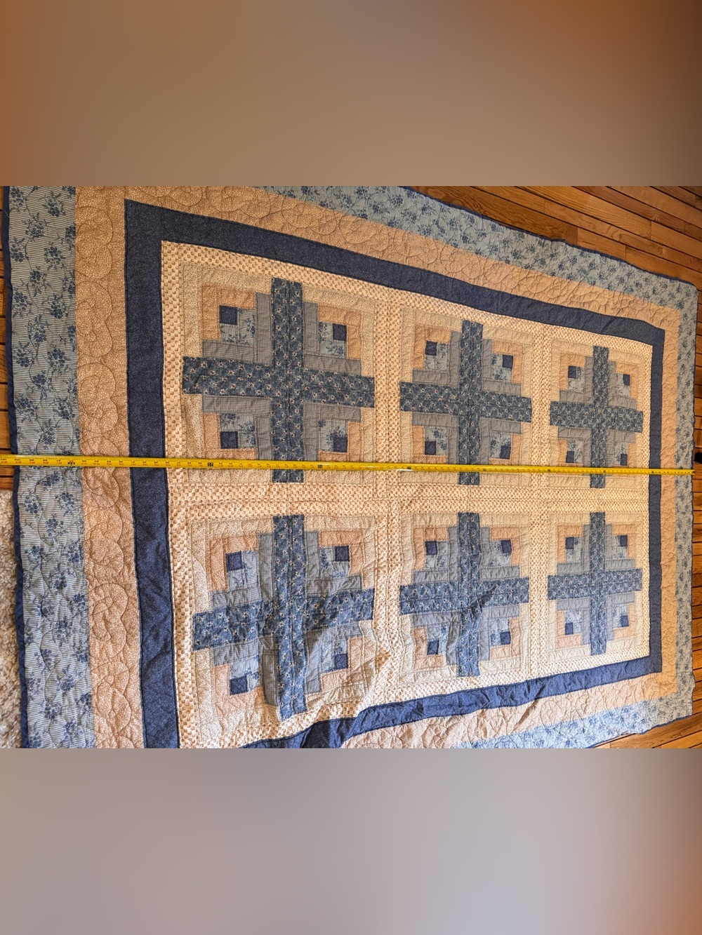 Handmade Log Cabin pattern quilt with blue and tan fabrics - Picture 8 of 16